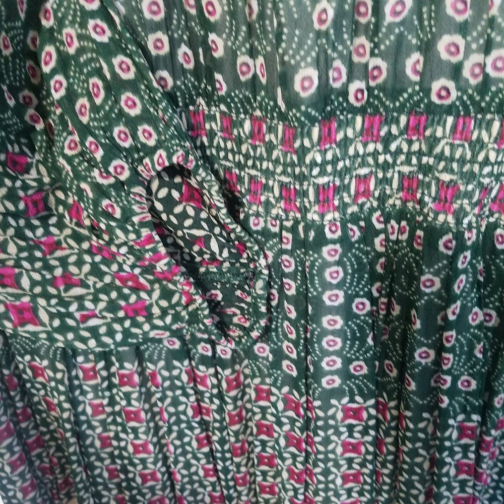 Anthropologie Green Floral Long-Sleeve Smocked Midi Dress - Picture 9 of 10